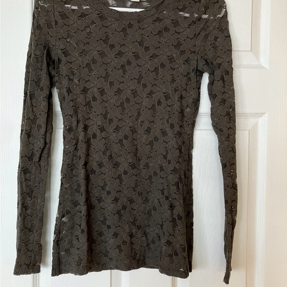 Anthropologie Lace Overlay Long Sleeve Top in Olive Brown